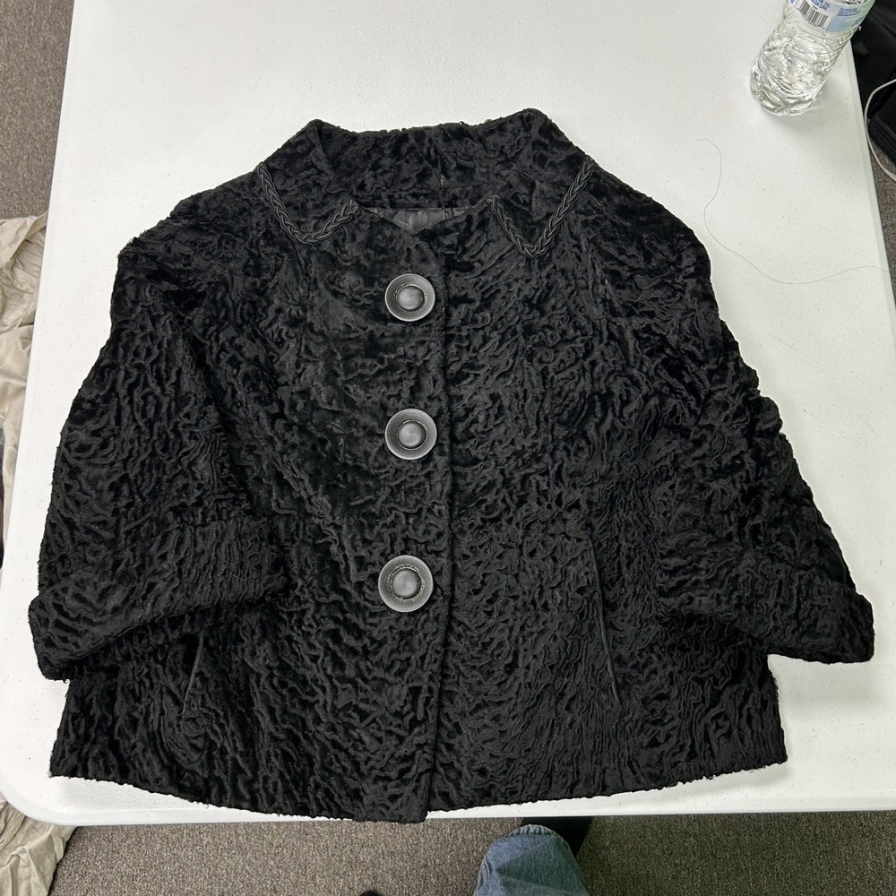 B & H Lowenthal Faux Fur Jacket Womens OS Black Persian Lamb Astrakhan Vintage